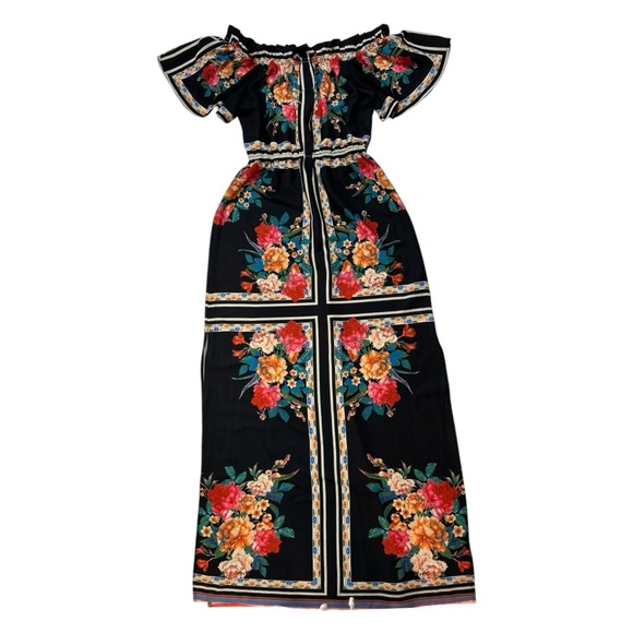 Lulus Trip to Tobago Maxi Dress Small Black Floral Off-the-Shoulder Vacation - Picture 1 of 16